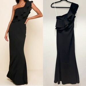 Sz M - NWOT Lulus Grand Beauty Black Ruffled One-Shoulder‎ Mermaid Maxi Dress